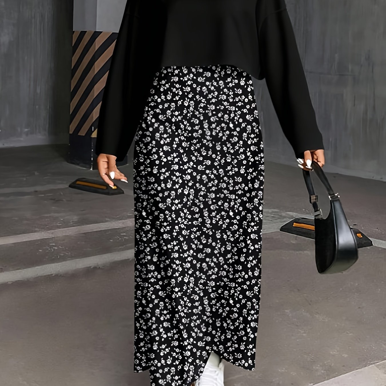 E-shop Plus Size - Plus Size - Plus Size Schwarze Farbe Mode Weste und Schwarzes Blumenkleid 2-teiliges Set