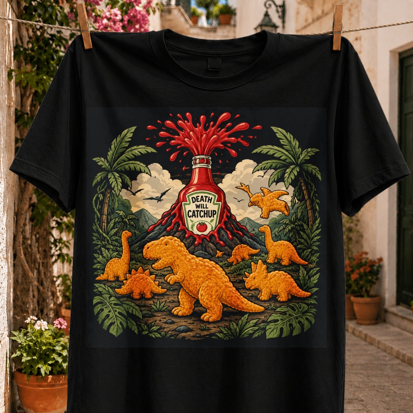 Image of Plus Size Death Will Ketchup Volcano With Dinosaurs Palm Trees And Humorous Prehistoric Illustration Unisex All T-shirt, Plus Size