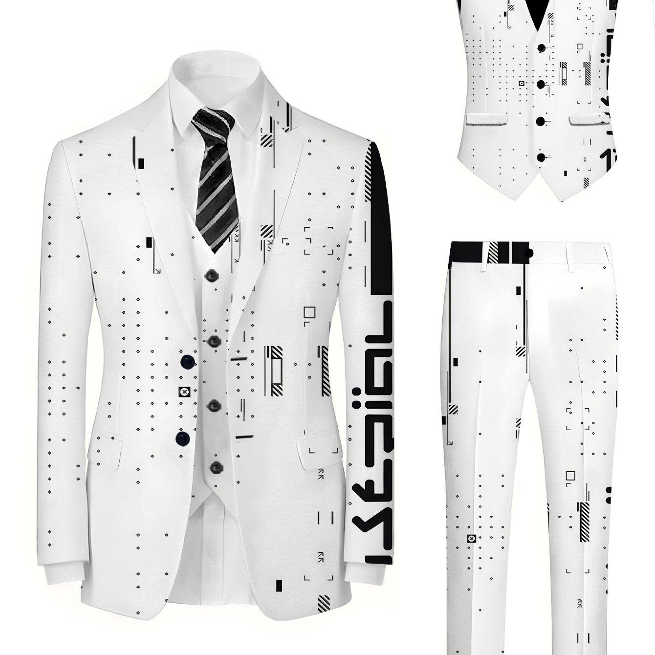 TEMU Men's Fashion Suit Top   Vest   Trousers 3pcs Set, Black And White Abstract Pattern, For Formal/business/wedding/meetings, Men's Suit Vest And