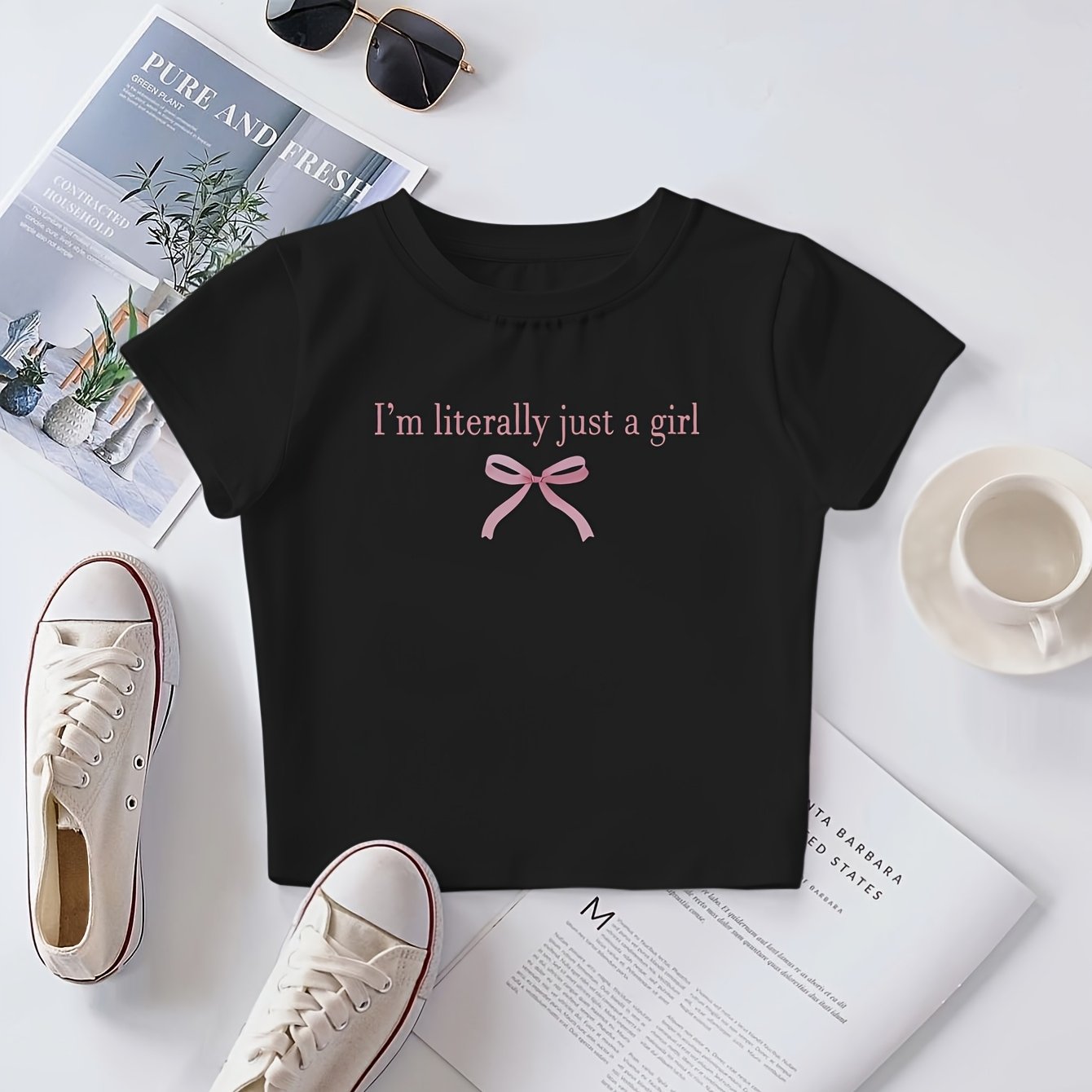 TEMU Y2k-inspired Pink Bow Letter Print T-shirt For Women - Casual Short Sleeve Round Neck Crop Top, Lightweight & Breathable Summer Top, Perfect For