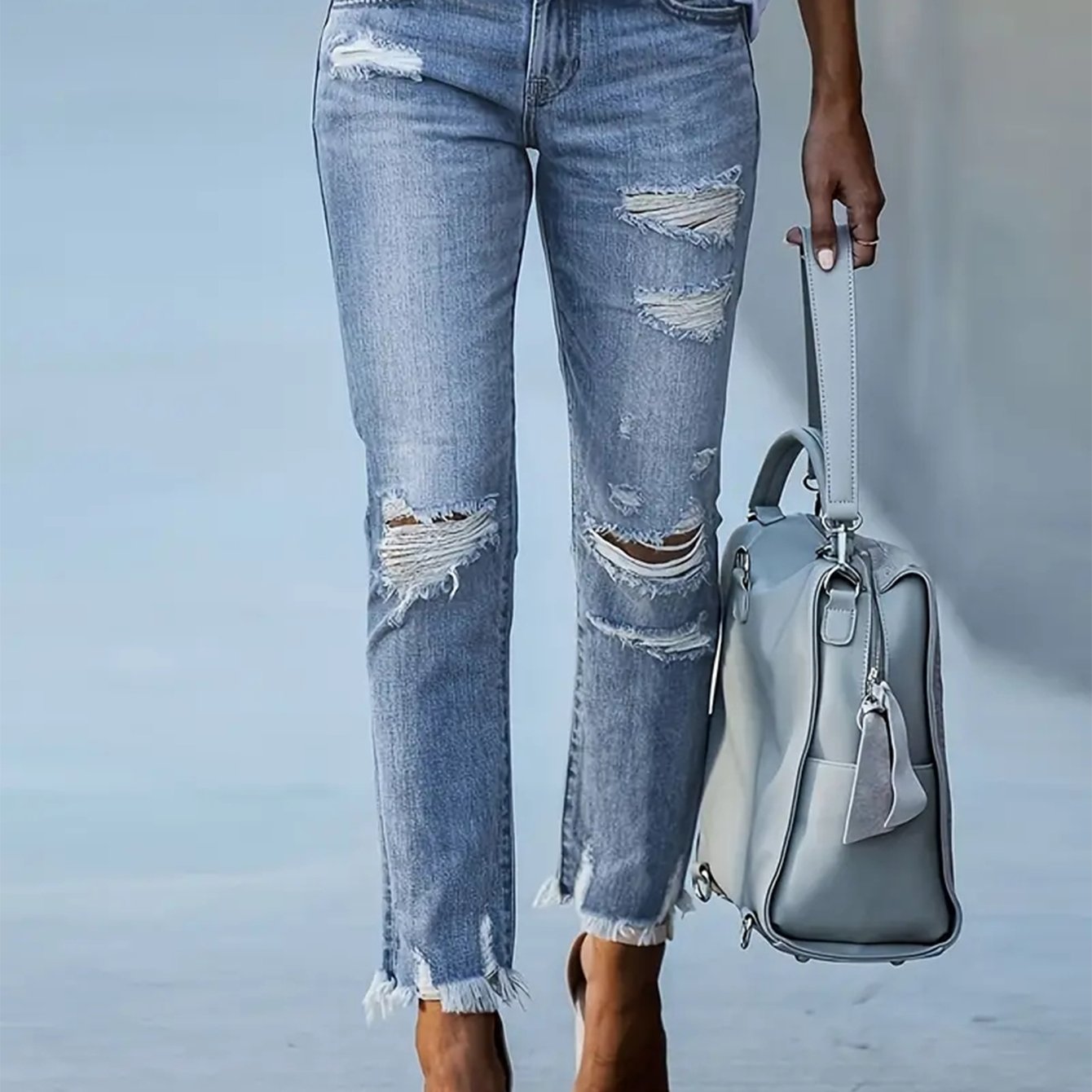 TEMU Women's Fashion Ripped Jeans, Slim-fit Design, Women's Straight-leg Pants, Women's Denim Trousers, Retro Women's Casual Trousers, Mid-'s Jeans, Tight Jeans, Daily Wear, Casual Travel