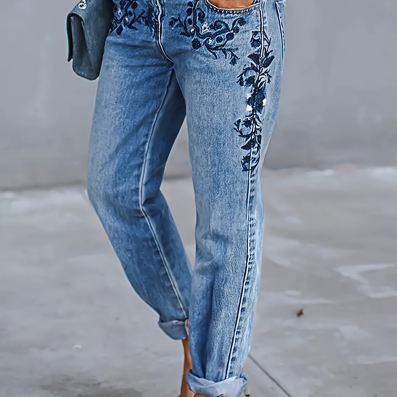 Image of Elegant Embroidered Denim Jeans | Hme Brand, Zipper Fly Closure, Medium Stretch Fabric, Wear, Long Length, Skinny Fit, Washed Detail, No Belt