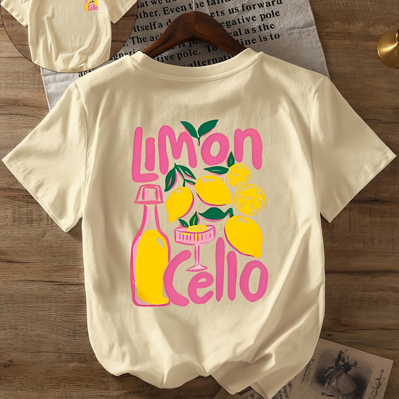 TEMU T-shirt à manches courtes et col rond avec imprimé liqueur de citron italienne, haut décontracté pour et l'été, vêtement pour femme.