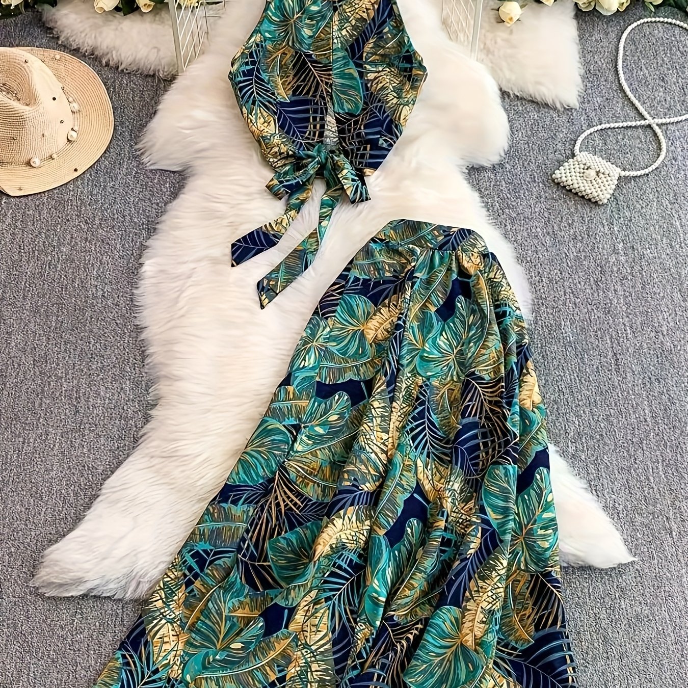 E-shop Damen Sommermode Böhmisch Trägerlose Paisley Print Camisole Weste + High-Waist Schlitz Midi Rock Zweiteiler Set, Hochwertige Stofftextur,