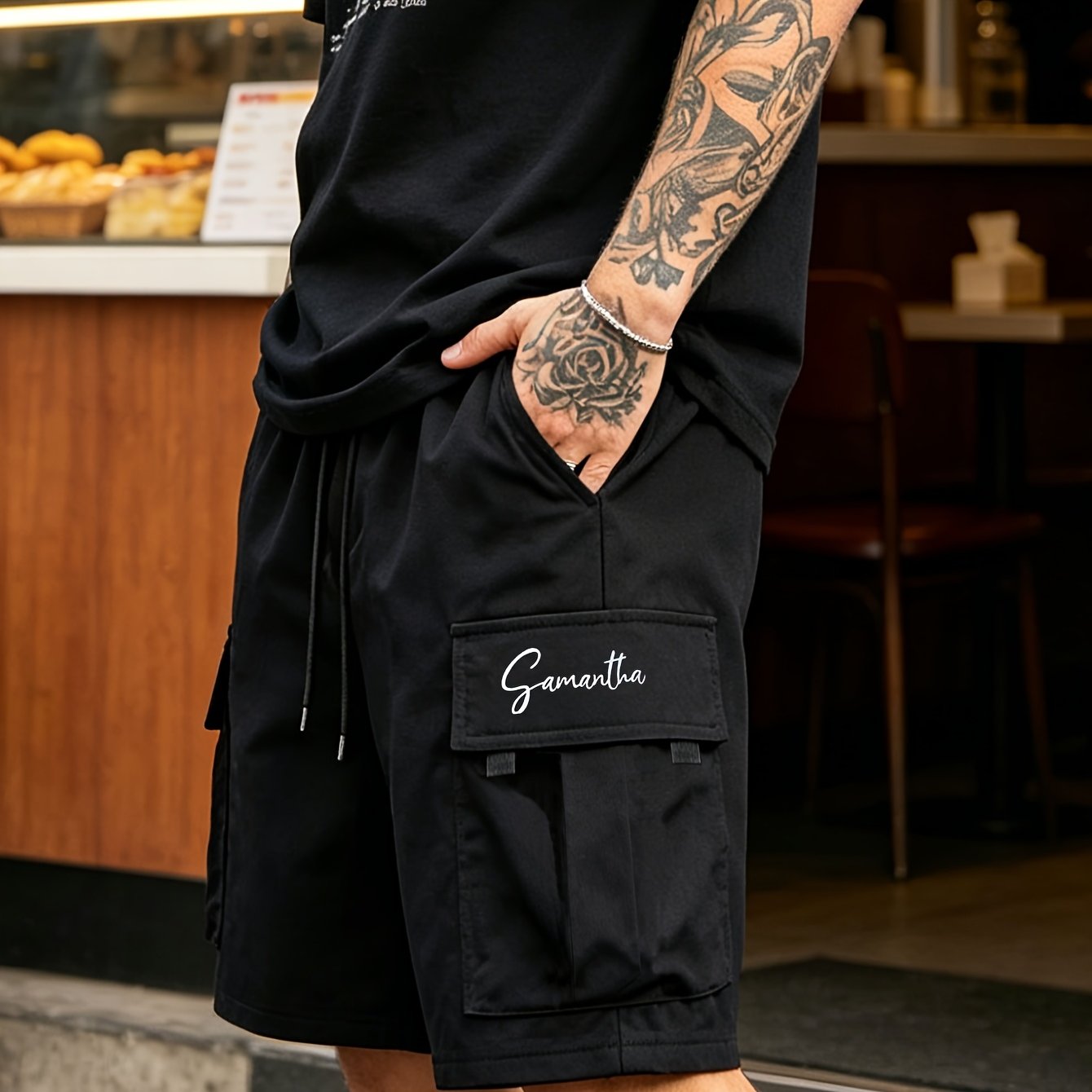TEMU Summer Outdoor Men's Casual Athletic Fashion Cargo Shorts, Individual Print, Double-sided , Street Trendy Bermuda Shorts