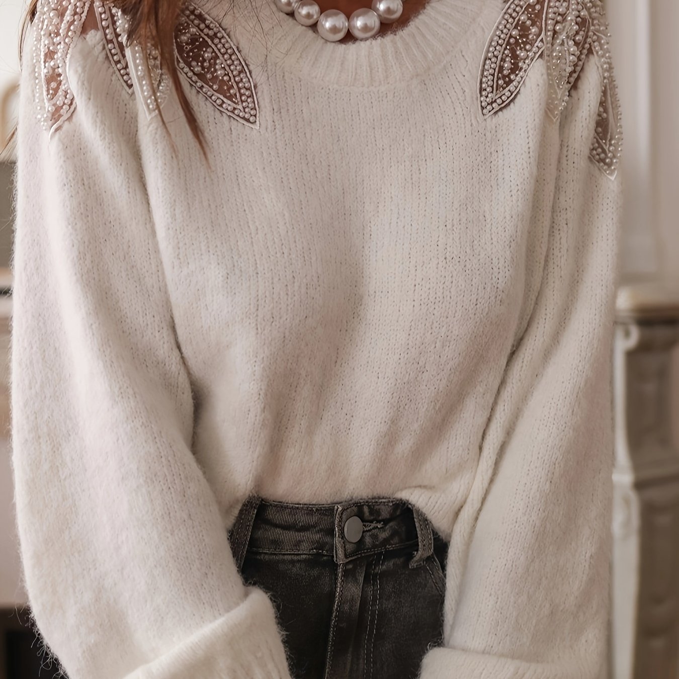 E-shop Damen Winter-Warmer-Stretch-Pullover – Rundhals-Pullover mit Perlenbesatz an den Schultern, einfarbiger, hochelastischer, blusentauglicher
