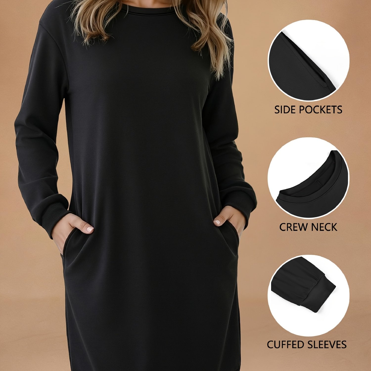 TEMU Robe Femme Poche Latérale, Pull Col Rond Automne Hiver, Longue Casual Commuter