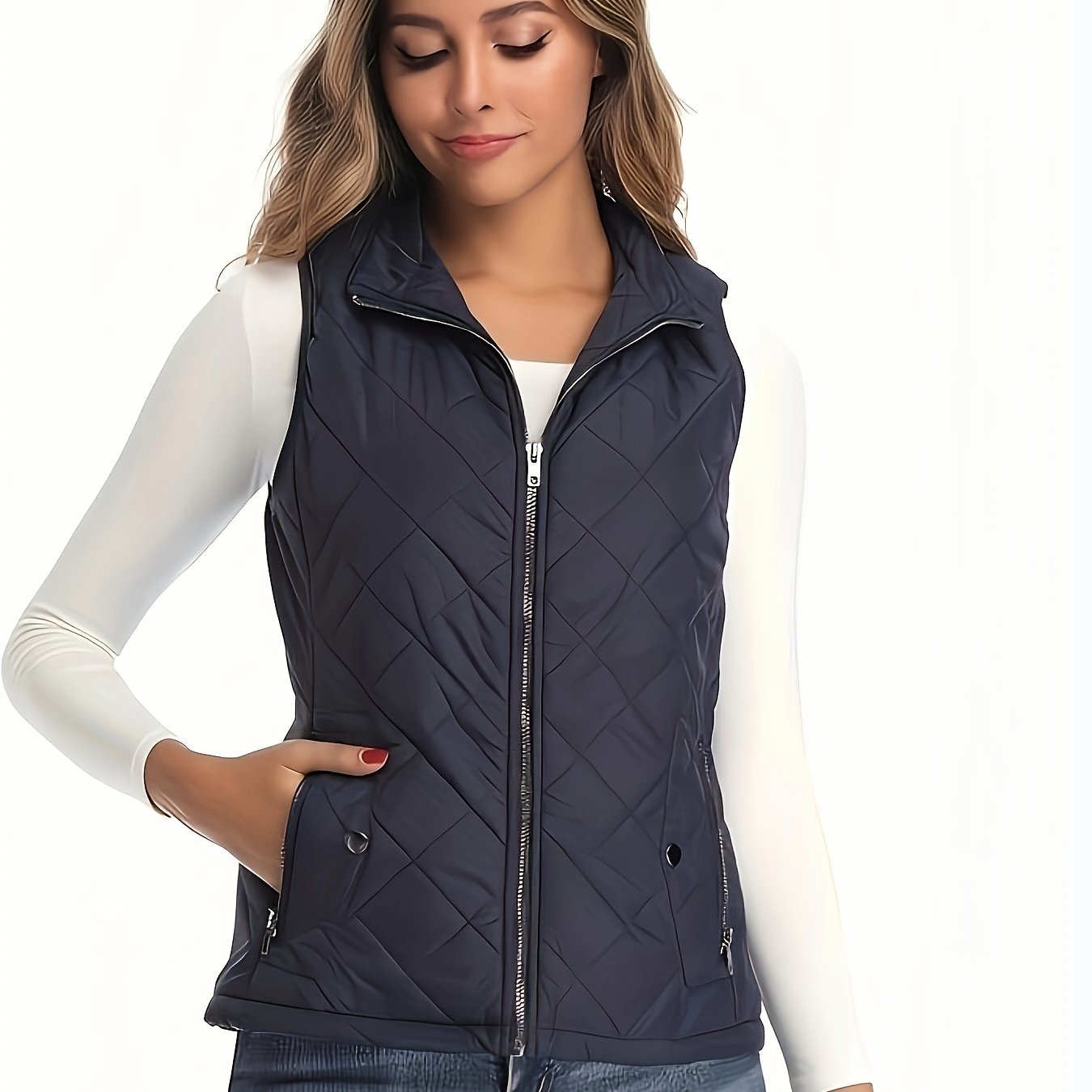 TEMU Fashion Diamond Pattern Sleeveless Vest-zippered Autumn And Winter Jacket, Casual Three-dimensional Design, Breathable Fabric, Suitable For