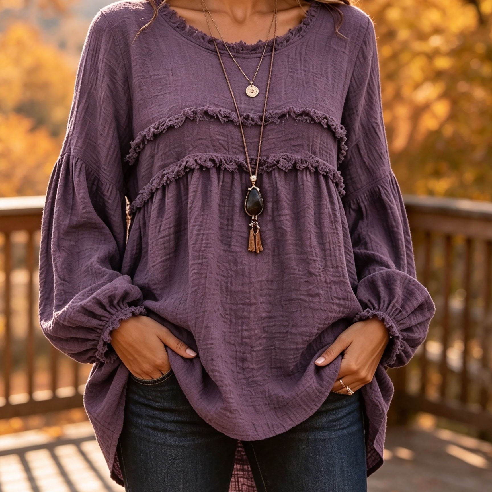 TEMU Plus Size Women's Round Neck Tassel Layered Loose Top, Lantern Long Sleeve Textured Loose Babydoll Shirt, Plain Bohemian Style Casual Flowy