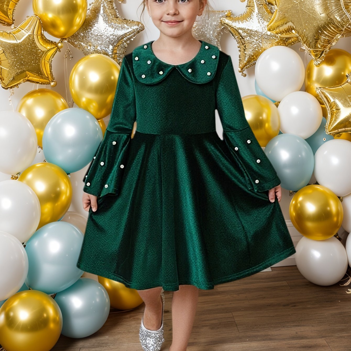 TEMU Girls' Christmas Elegant Dress With Pearl Details, Medium Elasticity, Perfect For Holiday Parties, Performances, And Casual Wear