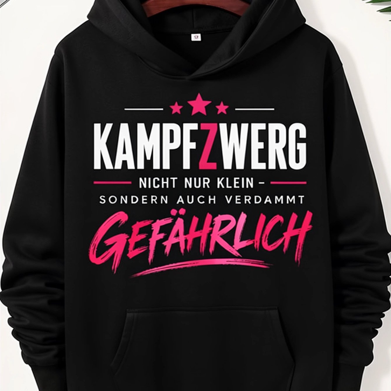 Image of Dwarf Small But Damn Hoodie, Unisex Graphic Hooded Sweatshirt, Long Sleeve Pullover With Kangaroo Pocket, Pink Lettering, Casual Streetwear For Fall Winter Daily Wear, Fleece
