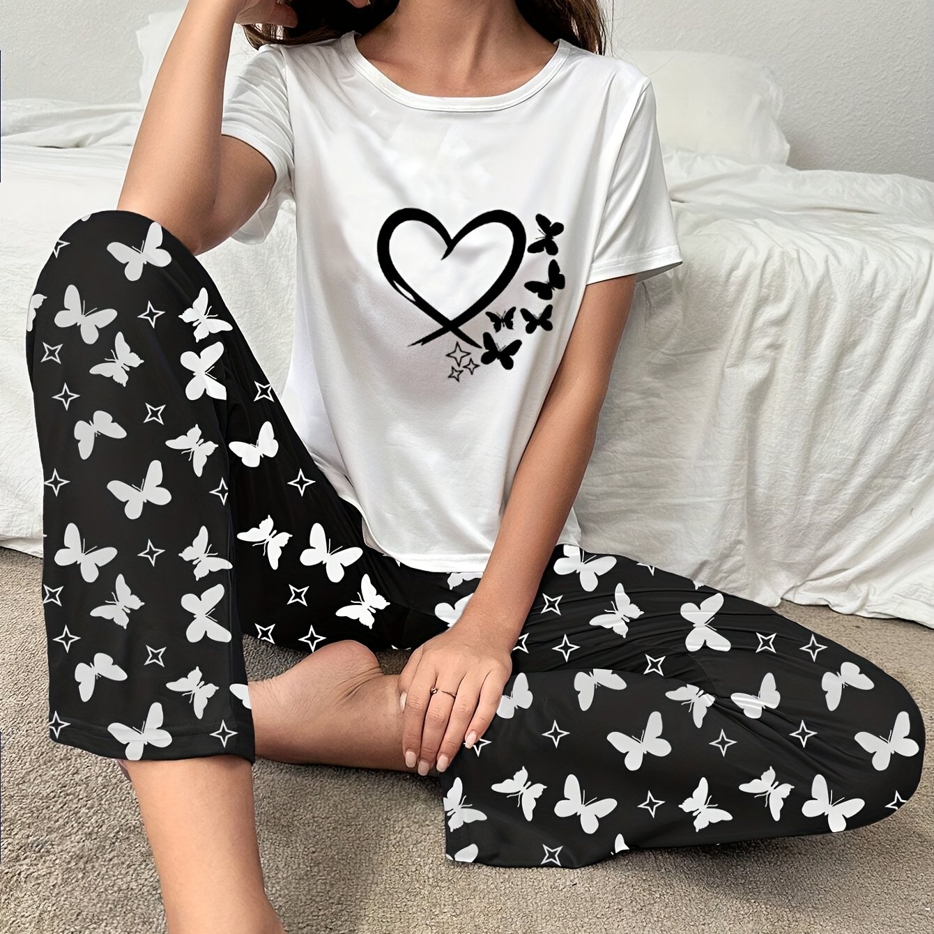 TEMU & Pajama Set, Short Sleeve Round Neck Top & Pants, Comfortable Relaxed Fit