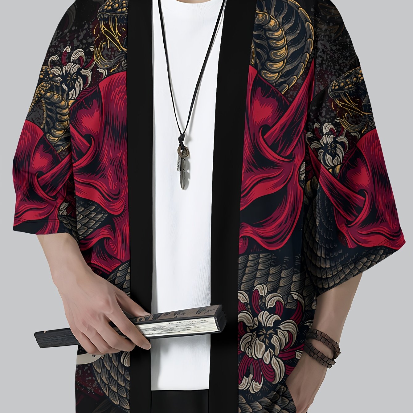 TEMU Men's Japanese Kimono Robe - Traditional Costume Shirt With Dragon Print, Lightweight Summer Formal & Casual Attire, Elegant Japanese Attire For