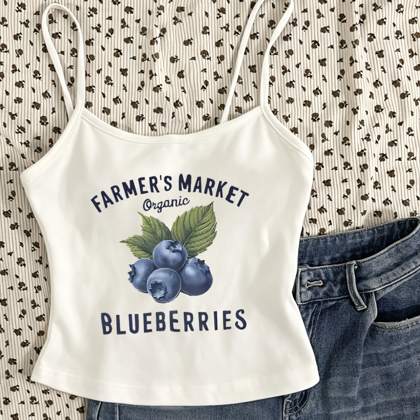 TEMU Women's Mini Camisole Crop Top, Slim-fit Bodycon With Waist, Fruit Blueberry Pastoral Letter Print Top. Features A Refreshing Vibe. Pairs