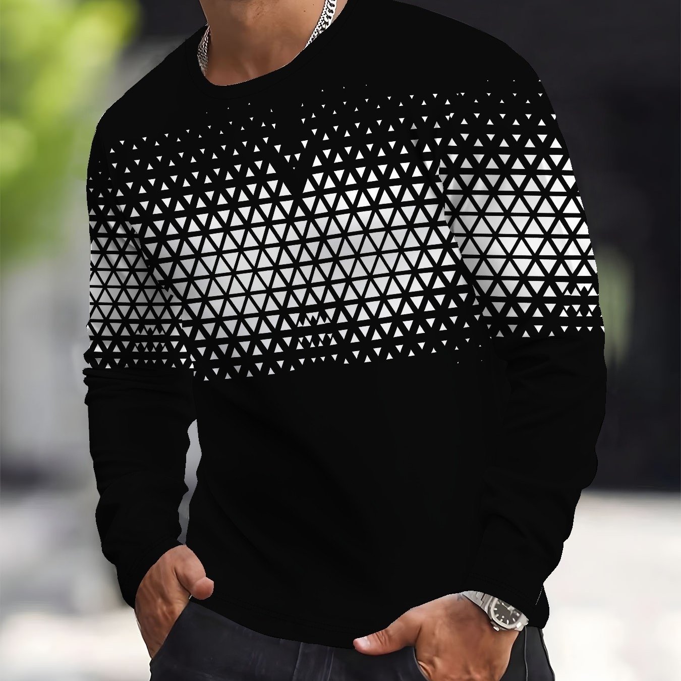TEMU Men's Casual Athletic Long Sleeve T-shirt, 3d Geometric Pattern Striped Print Round Neck Long Sleeve Tee, Fashionable Trendy Comfortable