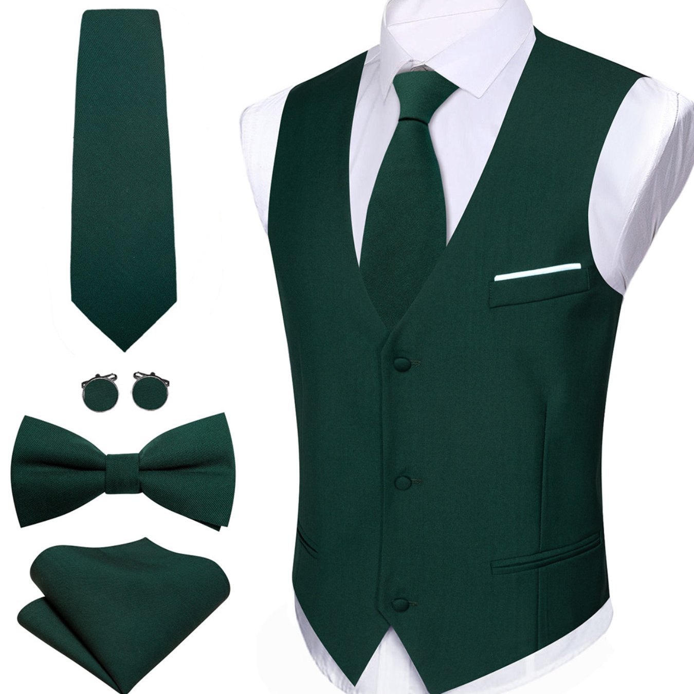 Image of Mens Dark Green Suit Vest Tie Bowtie Set Woven Formal Waistcoat Hanky Wedding Party 4pcs, Plus Size