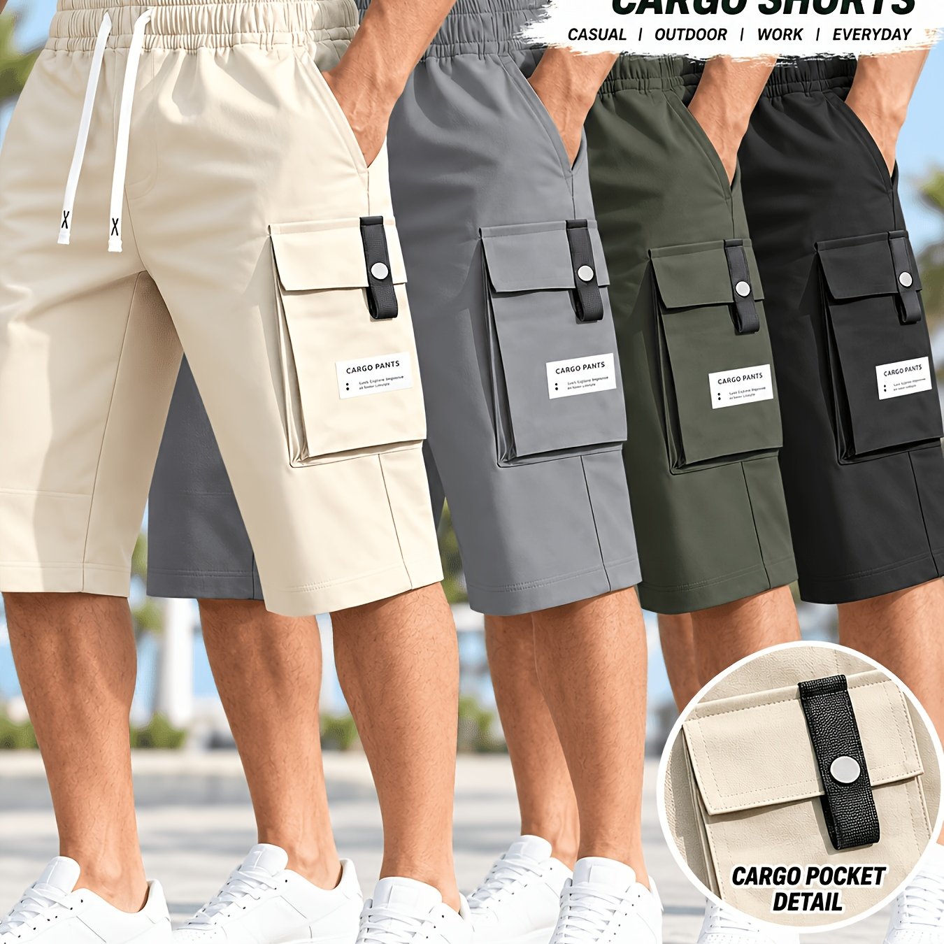 TEMU 4pcs Men's Cargo Shorts With Fabric & Multi- - Adjustable Waist, 7/8 Length Shorts Suitable For Outdoor Travel,, Sports, Casual Wear | Wristband