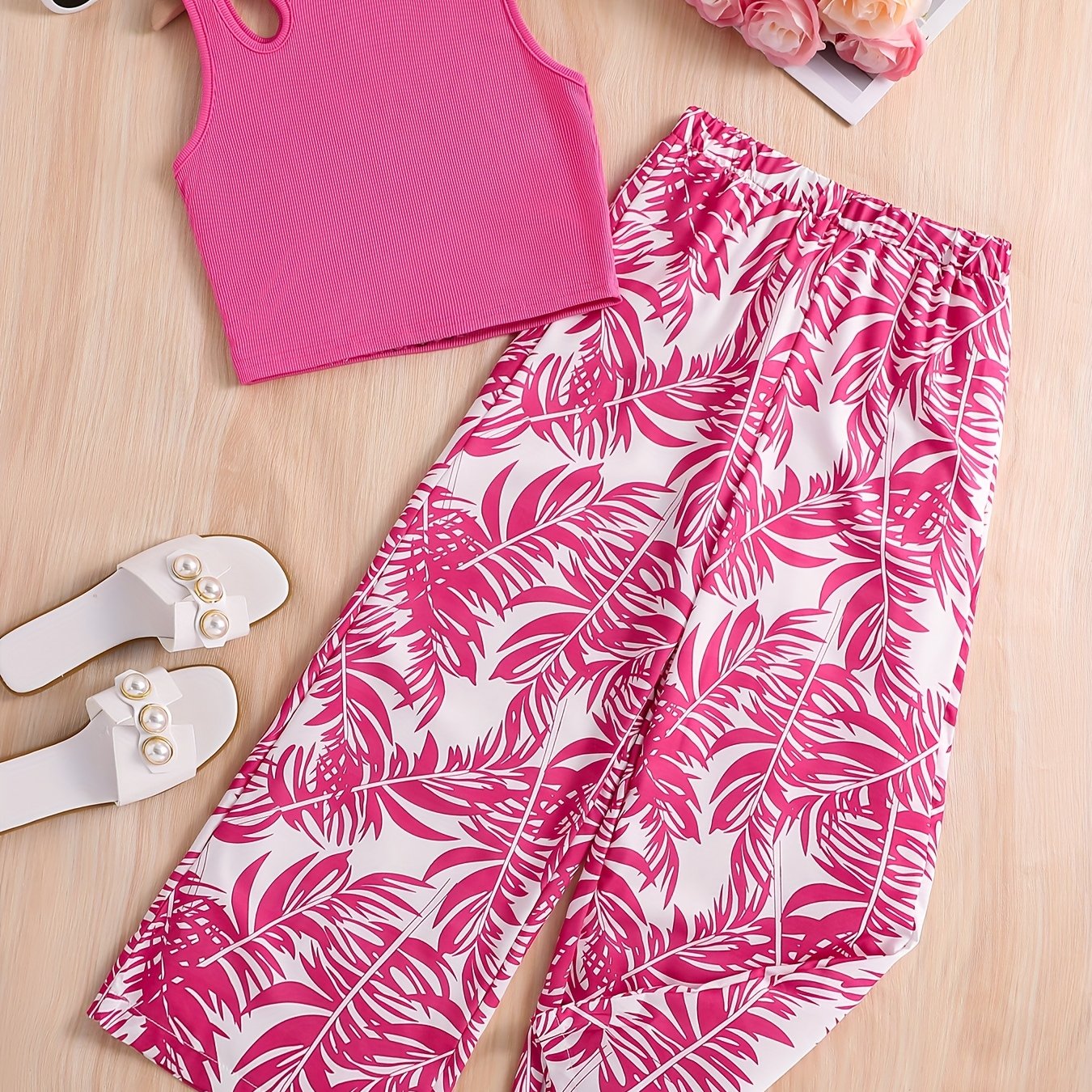 Image of 2pcs Set Girls' Clothing Suit Special Vest And Beach Long Pants, Beach Style, , Back To , Graduation Season, Outdoor Play Outfit, For Outdoor