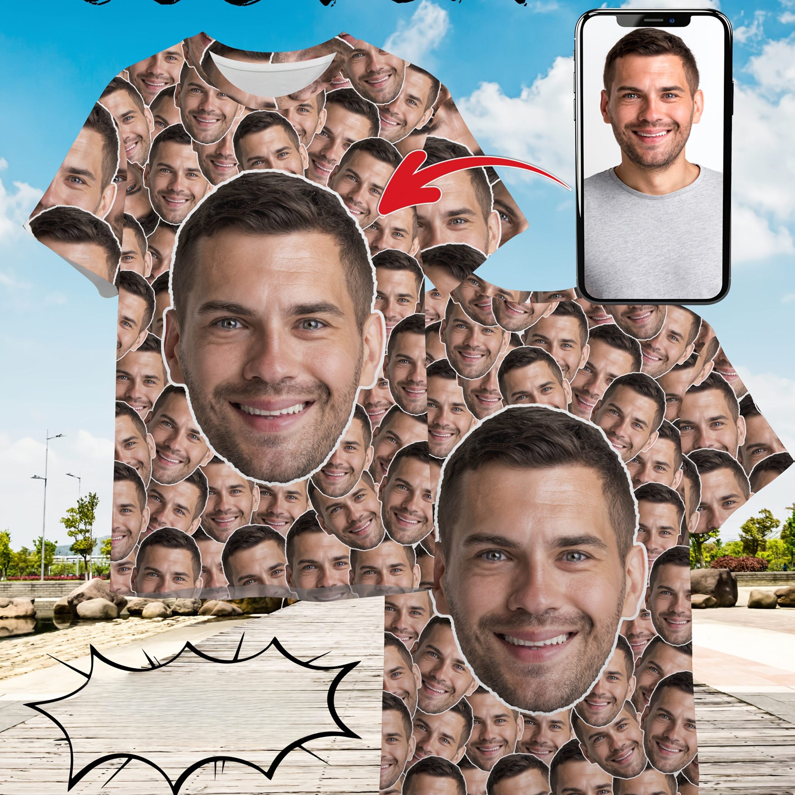 TEMU Customized Unisex T-shirt, Personalized Face Print, Round Neck