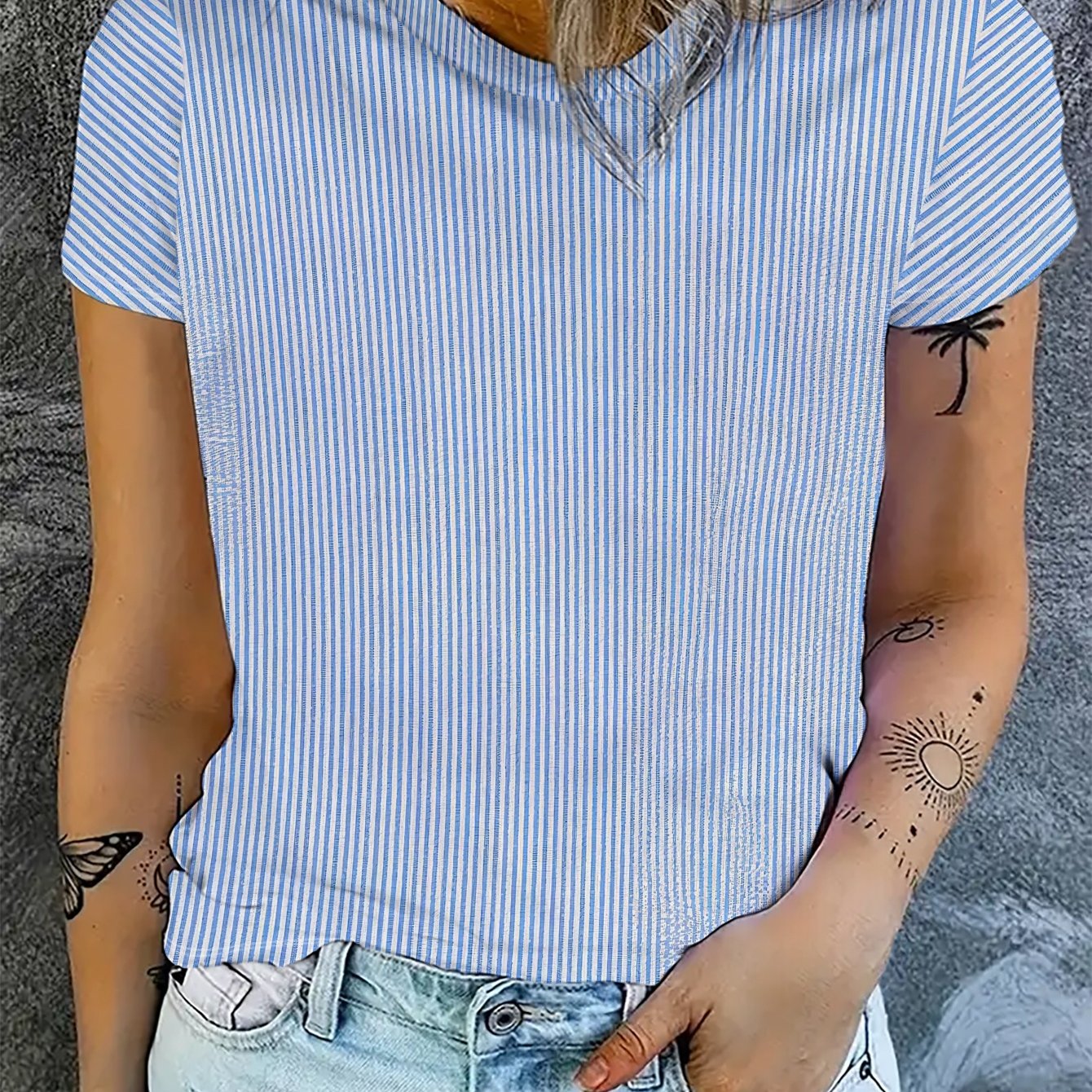 TEMU Women's New Summer Striped Printed Short-sleeve T-shirt, A Casual And Versatile Regular- With A Stylish Round Neck