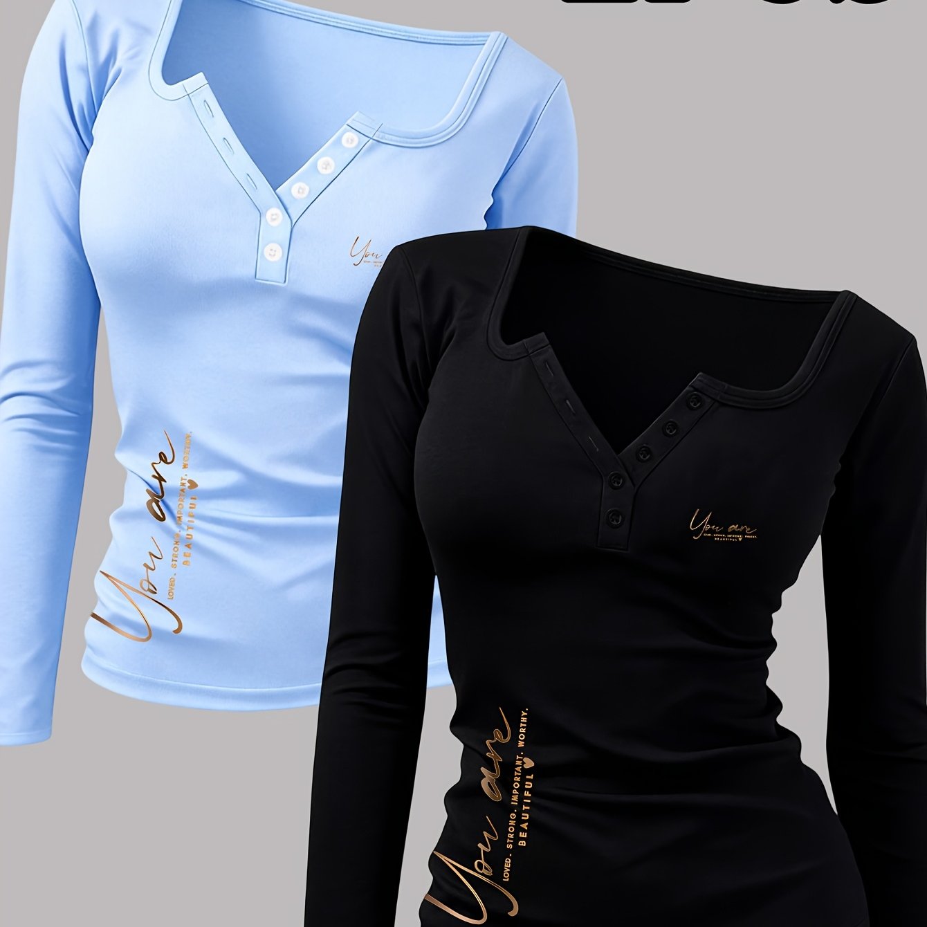 TEMU 2pcs Women's Letter Print Pattern Hot Outfit, Sexy Round Neck Long Sleeve T-shirt With Buttons, A Revealing