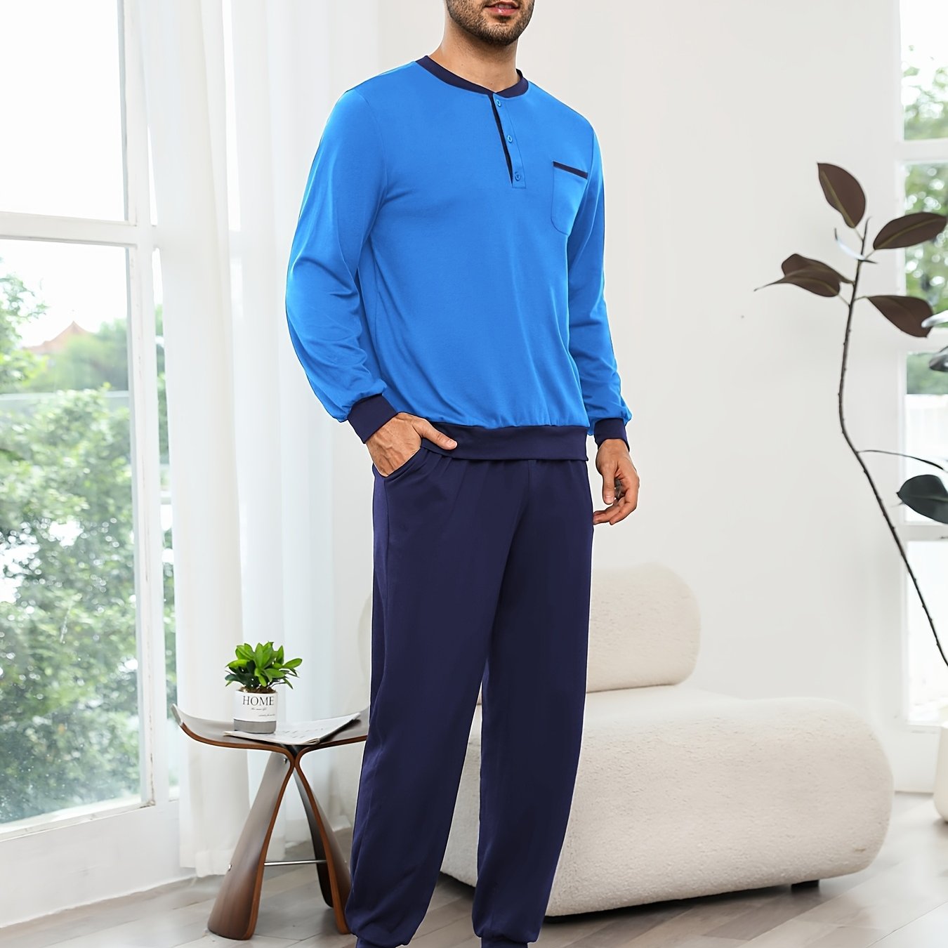 Men's Color-block Long-sleeve Pajama Set, Men's Half- Long-sleeve Pajama Set, Long-sleeve Pajama Set, Casual Men's Long-sleeve Pajama Set, Including Long-sleeve Top And Pants, Men's Loungewear