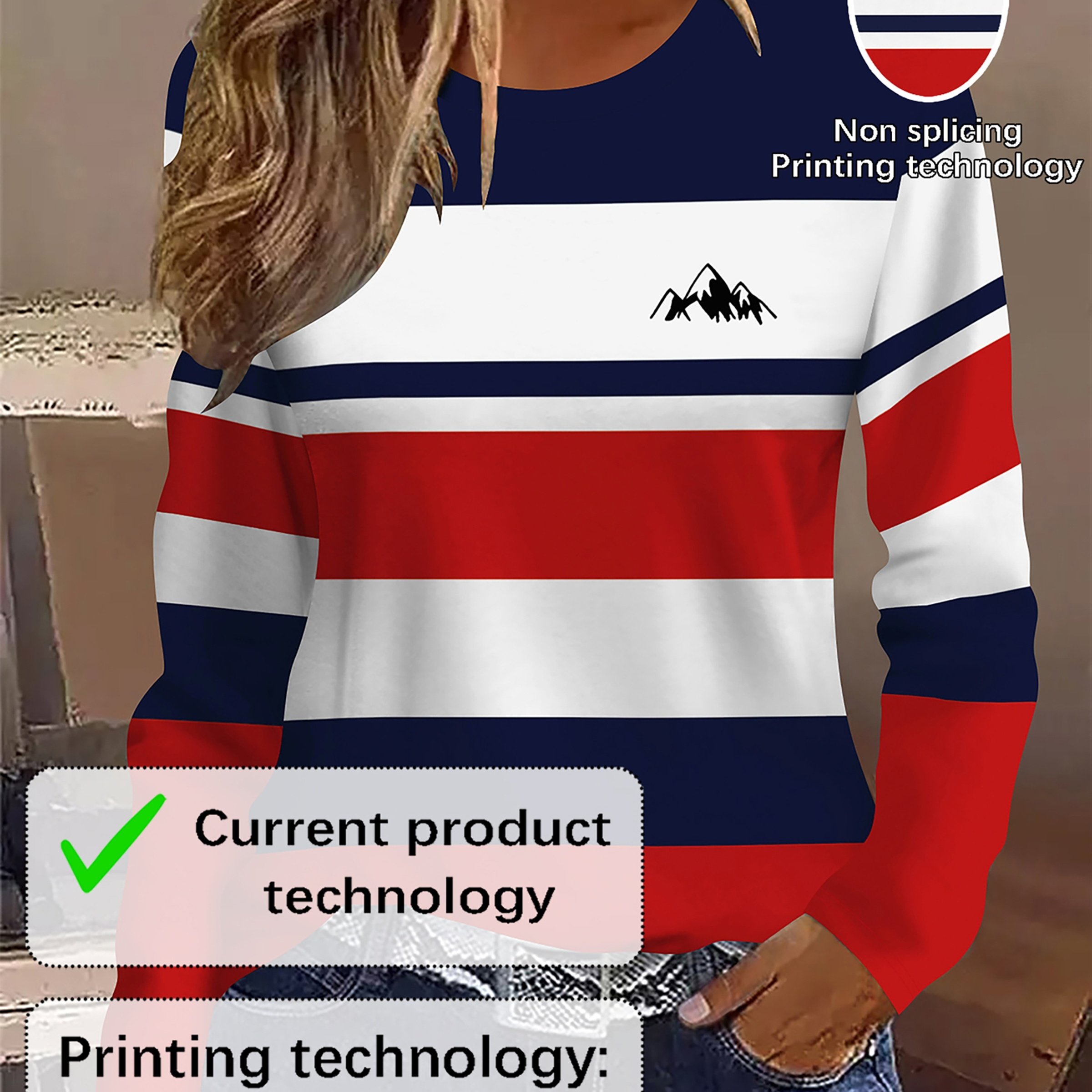 E-shop 2D-Druck, lässiges, elegantes Freizeitmode-Urlaub--Gemälde Rot Weiß Blau Dreifarbiger Farbblock Gestreifter Grafik -Druck Atmungsaktives