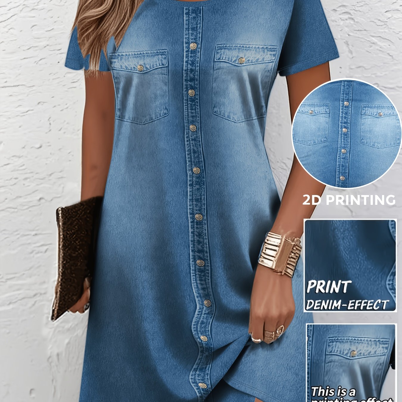 [printed Dress - Not Denim Fabric]women's Casual Denim-like Printed Breathable Round Neck Short Sleeve T-shirt Dress, Elegant A-line Skirt