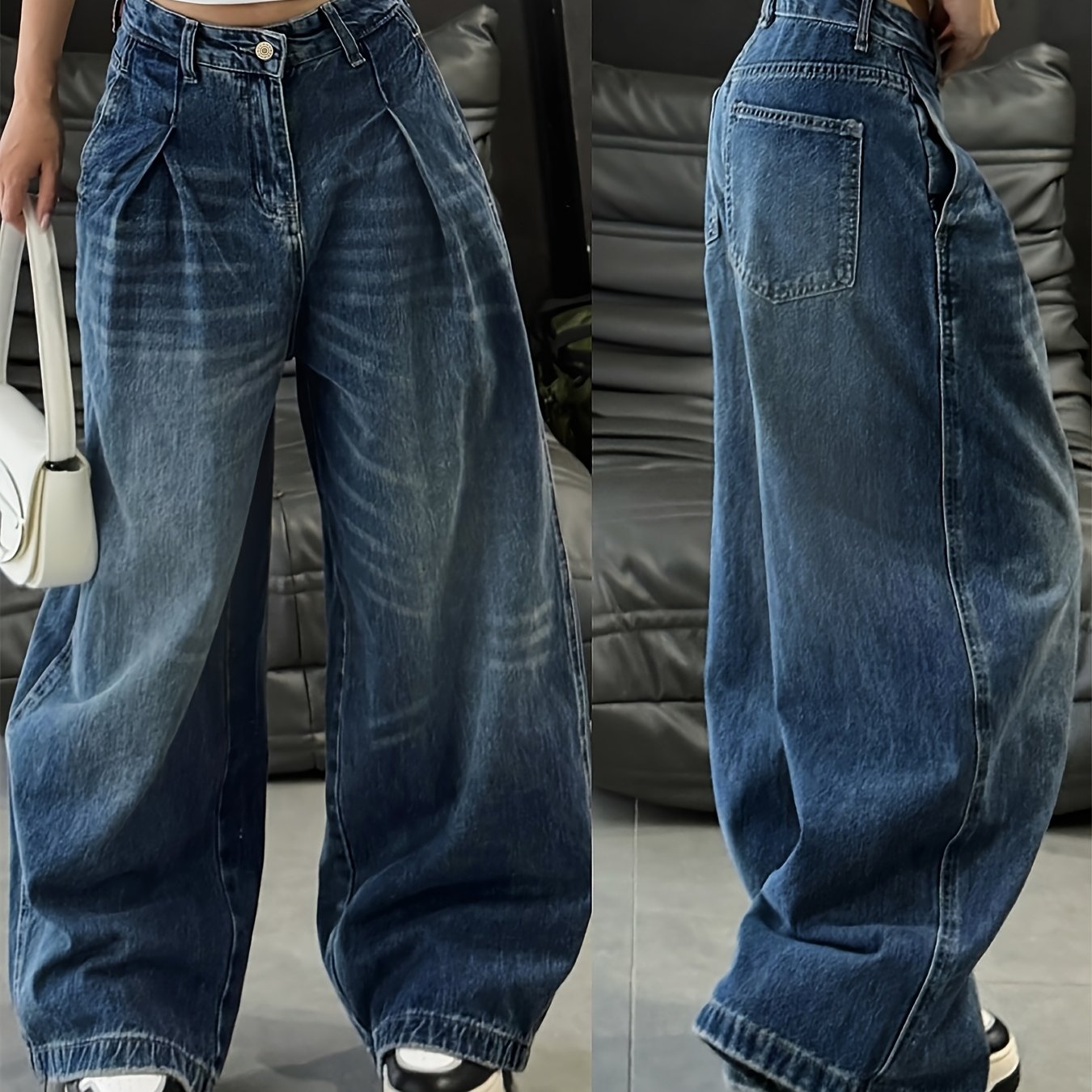 Image of Loose- With Front , Side Pockets, Extra-long Length, Floor-sweeping, Slightly Stretchy, Wide-leg Flared Jeans