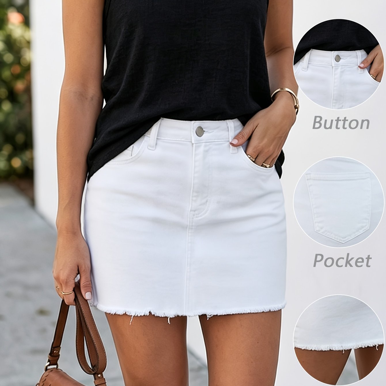 Image of Women's High Waisted White Denim Mini Skirt With Frayed Hem Summer Casual Outfits