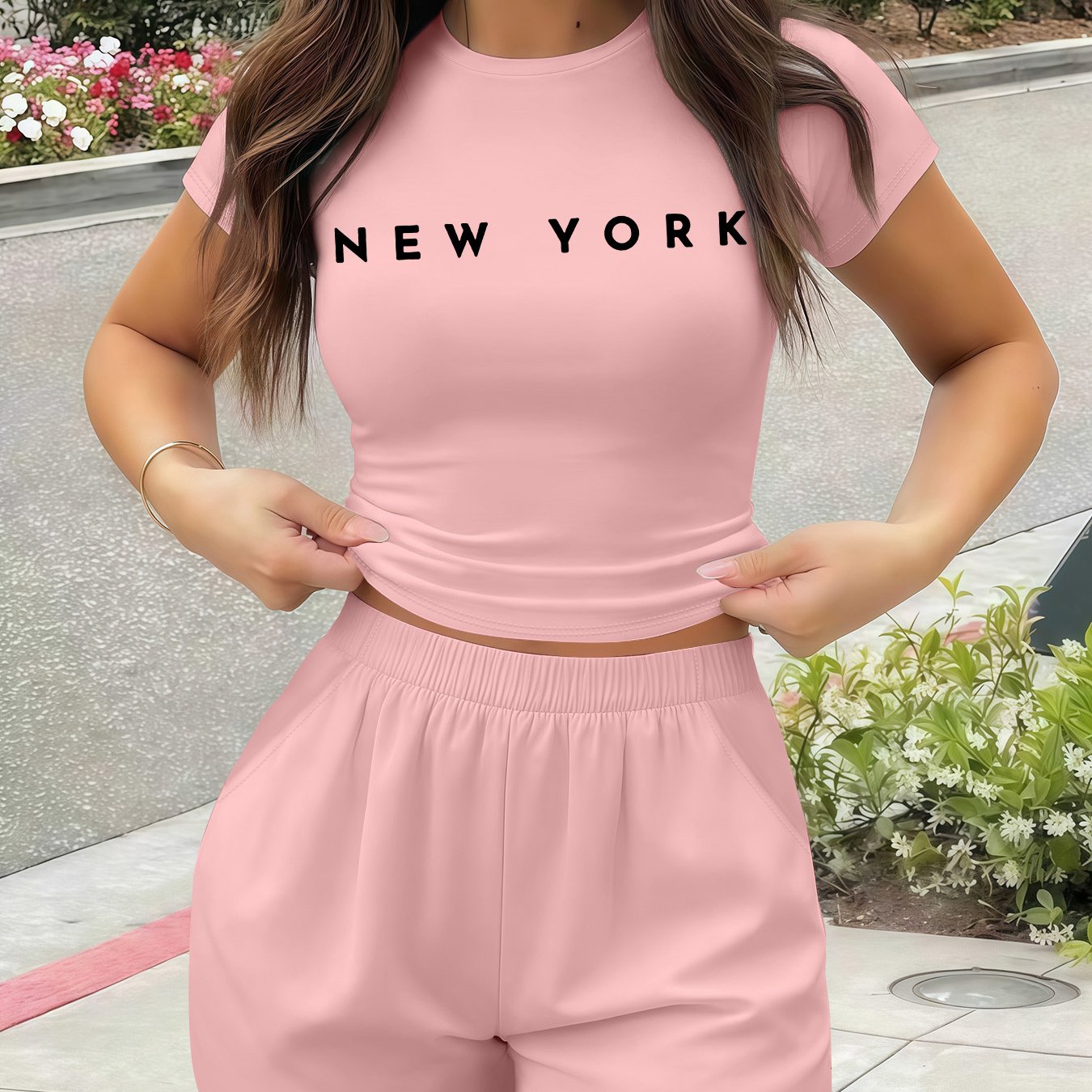 TEMU 2026 Summer New Casual Minimalist Urban Graphic Printed Short T-shirt With Stretchy Waist Shorts, A Two-piece Set