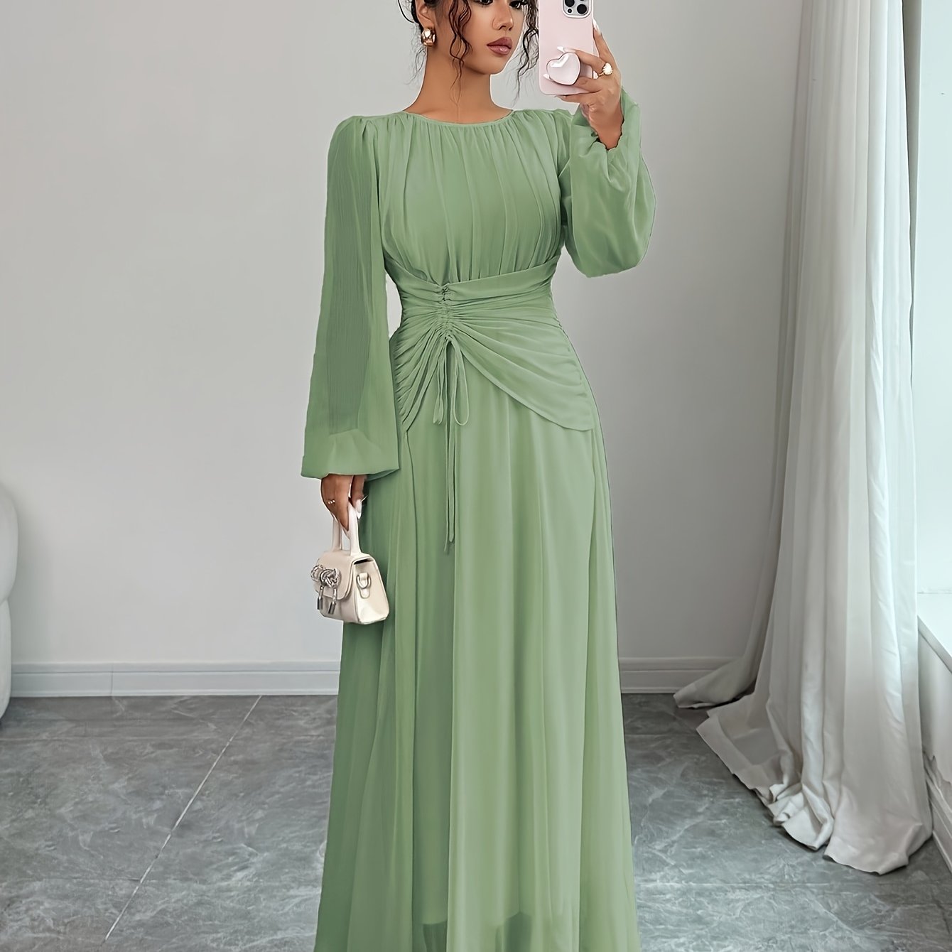 TEMU Women's Spring Summer French Romantic Casual Vacation Afternoon Tea Party Round Neck Pleated Waist Drawstring A-line Elastic Waist Long Sleeve