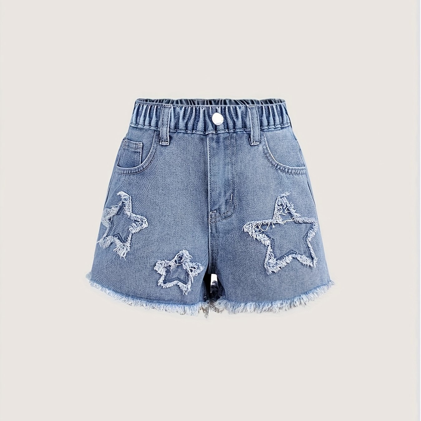 Image of Girls' Denim Shorts - Spring/summer New Arrival, Star Patch Design, Cute And , Suitable For Children Aged 3 And Up, Elastic Waistband, Perfect For Summer Occasions