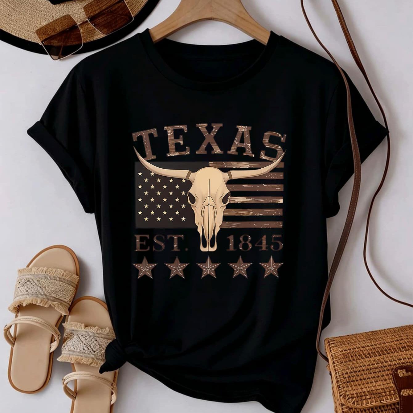 TEMU Texas Longhorn Skull Print Women's T-shirt, Retro American Flag & Texas Themed Graphic Tee, Est 1845 Western Style Casual Short Sleeve Top, Soft