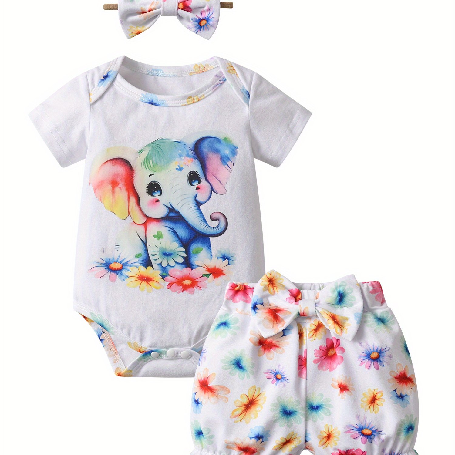 TEMU Summer Baby Girl Elephant Print Clothes Set Short Sleeve Romper+short Pants+bow Headband Newborn Infant Outfit