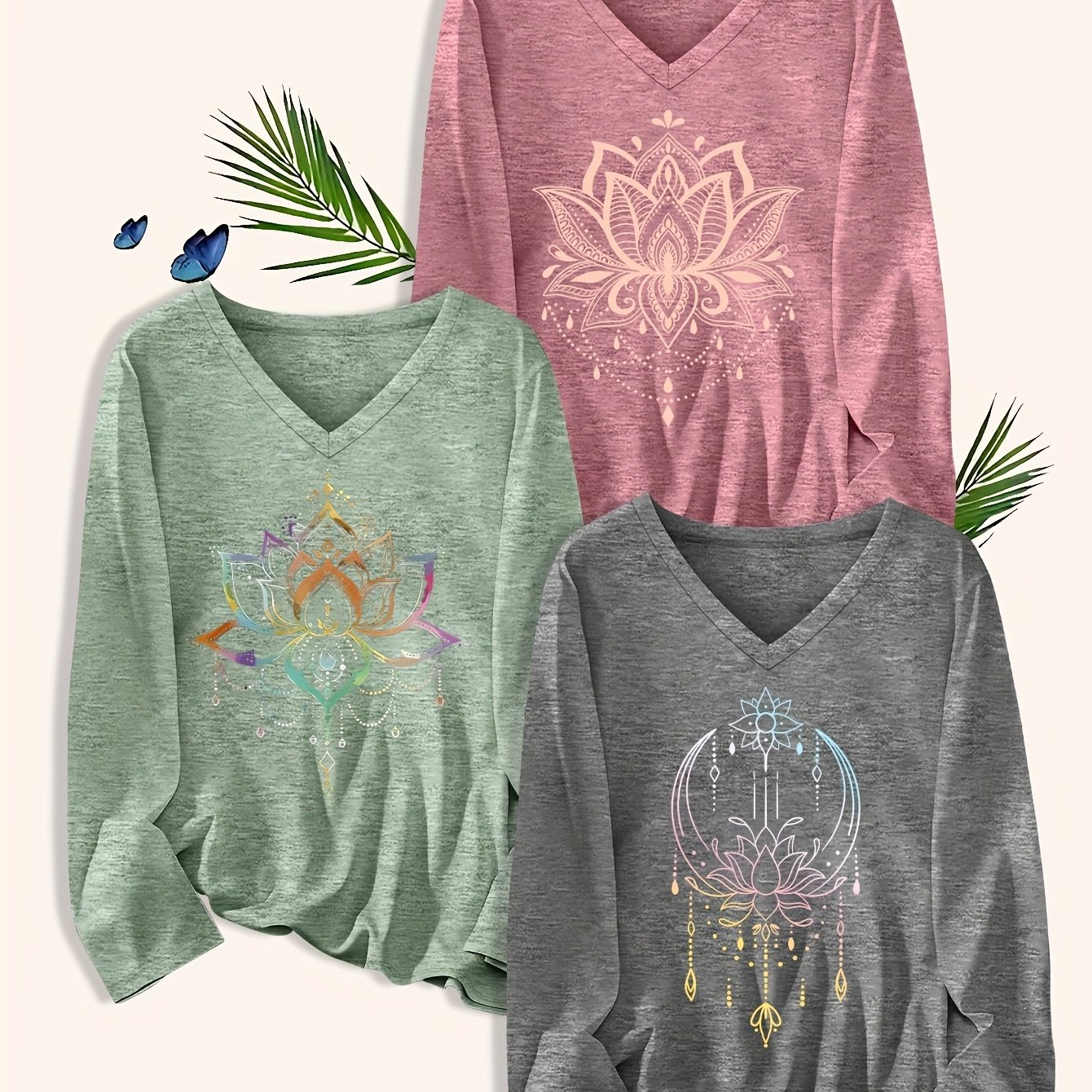 TEMU Plus Size, Versatile T-shirt 3pcs Set: Spring/summer New Arrival Plus Size Women's Fashion Print " Colorful For Lotus" Casual Long Sleeve V-neck