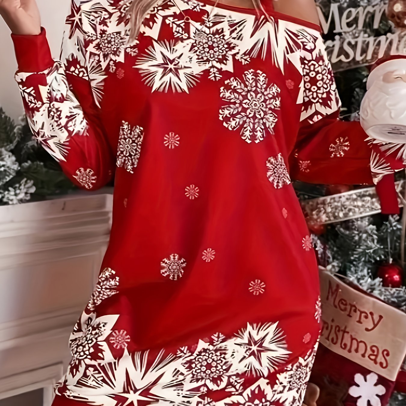 TEMU Women's Christmas Party Dress - One-shoulder/asymmetrical Neckline, Red And White , Slim Fit For Christmas Eve, New Year's Eve, Winter Events -