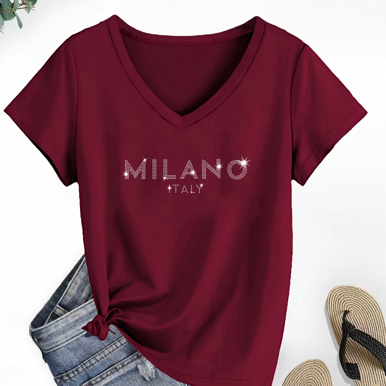TEMU T-shirt à manches courtes et col en V pour femmes avec imprimé de lettres, haut décontracté printemps été, chemisier élégant, confortable et