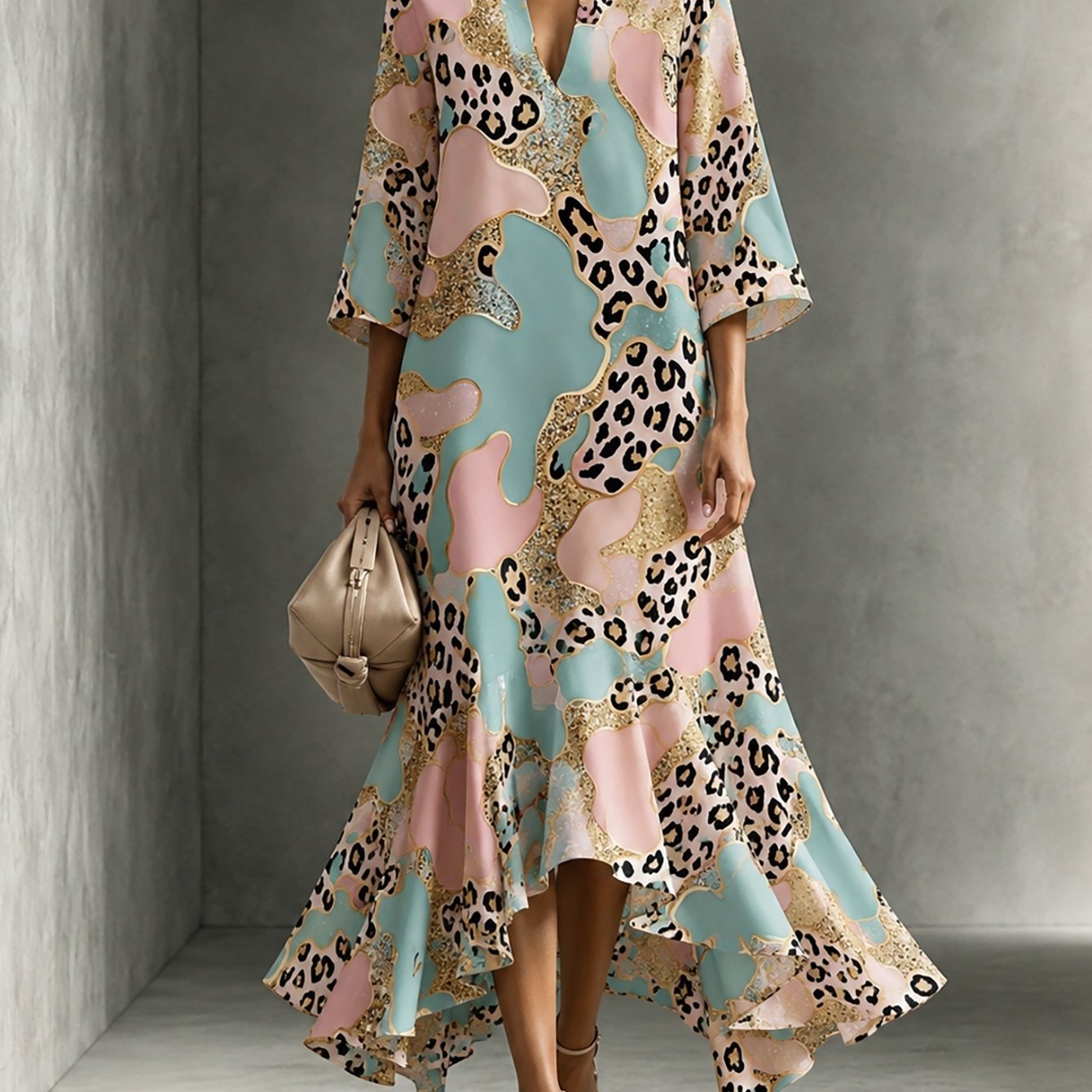 Image of Sleeve Women Dress Vintage Leopard Print Loose V Neck Irregular Maxi Skirt Elegant Stylish Outfit For Vacation Daily Casual Women Clothing