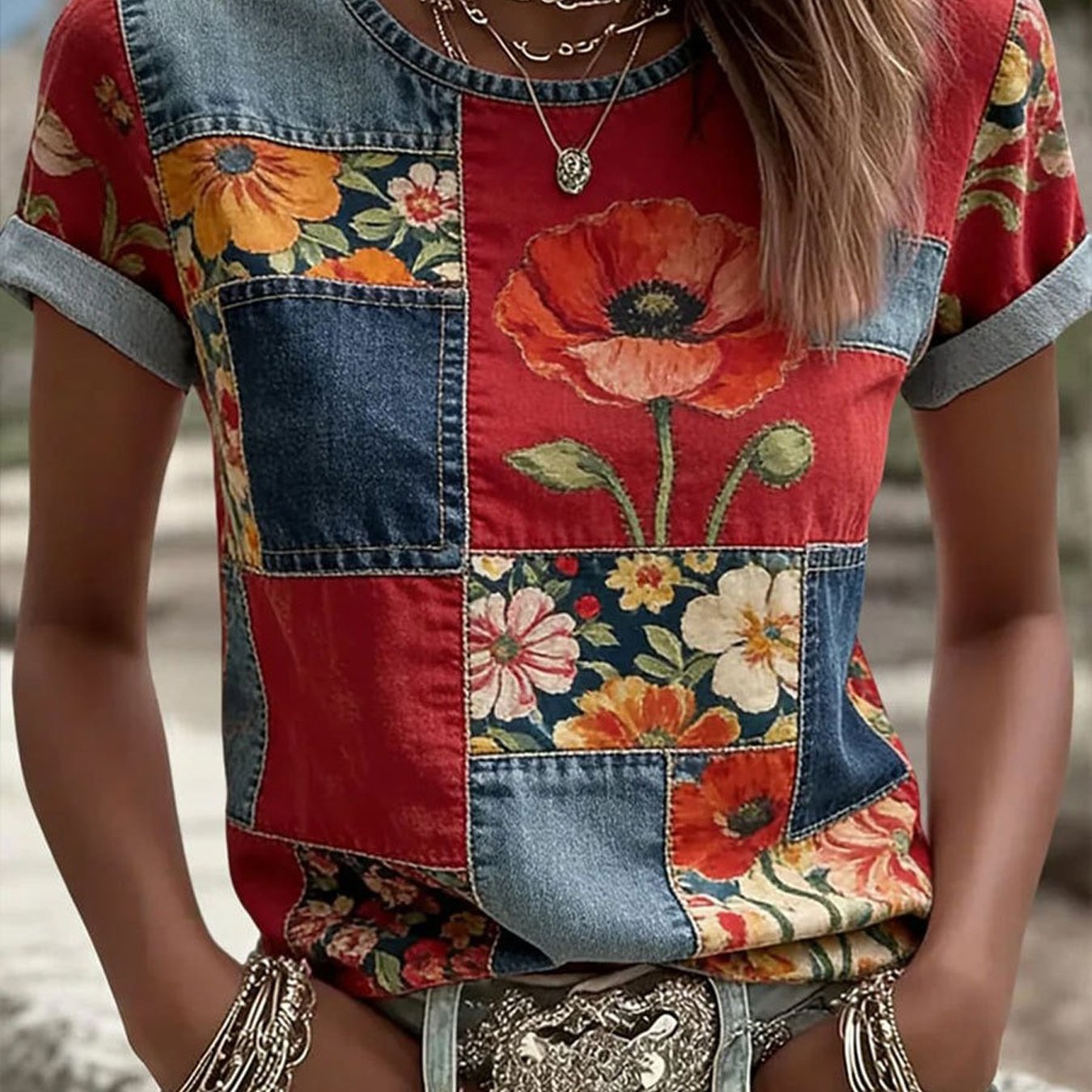 TEMU Women's Clothing, Women's Casual Shirts, Short-sleeve Shirts, Women's Summer Apparel, Short-sleeve Round-neck Shirts, Denim Red Floral Tops,