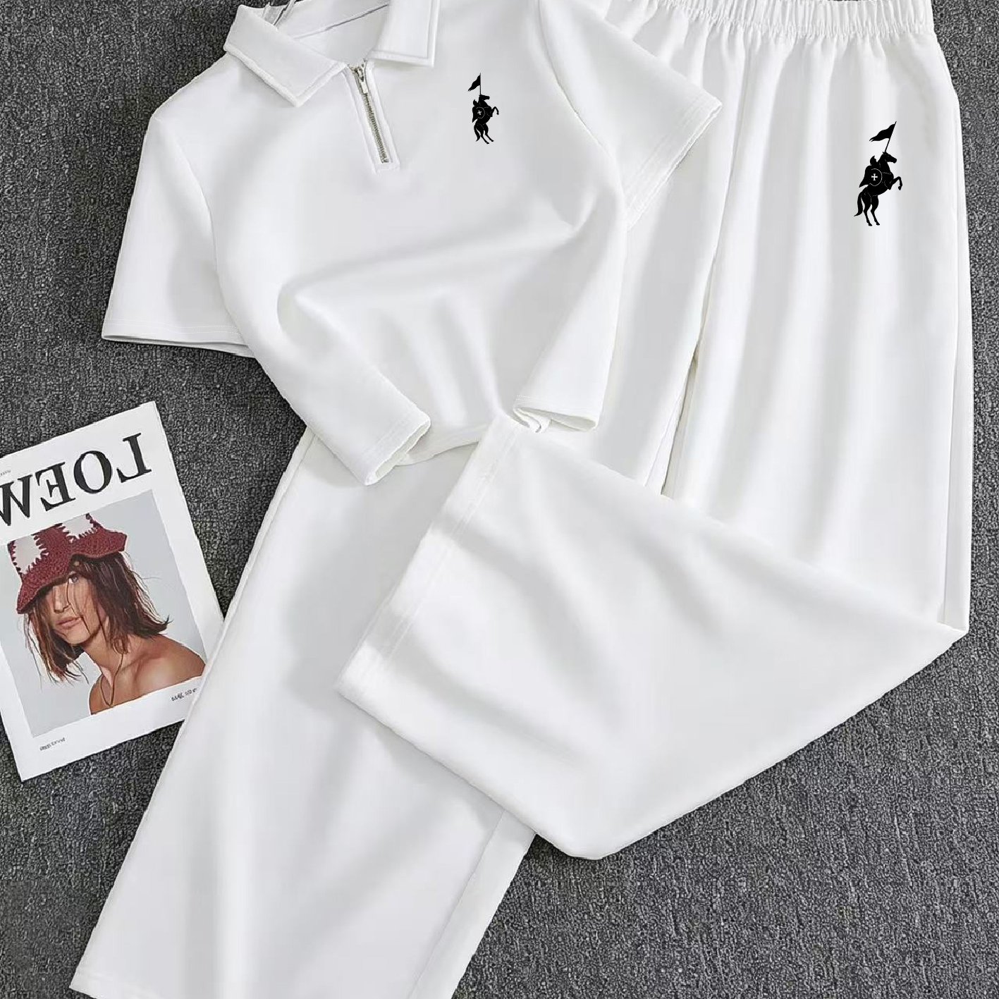 Fashion Women S Casual Top Long Pants 2pcs Set With Printed Collar Short Sleeve Suit
