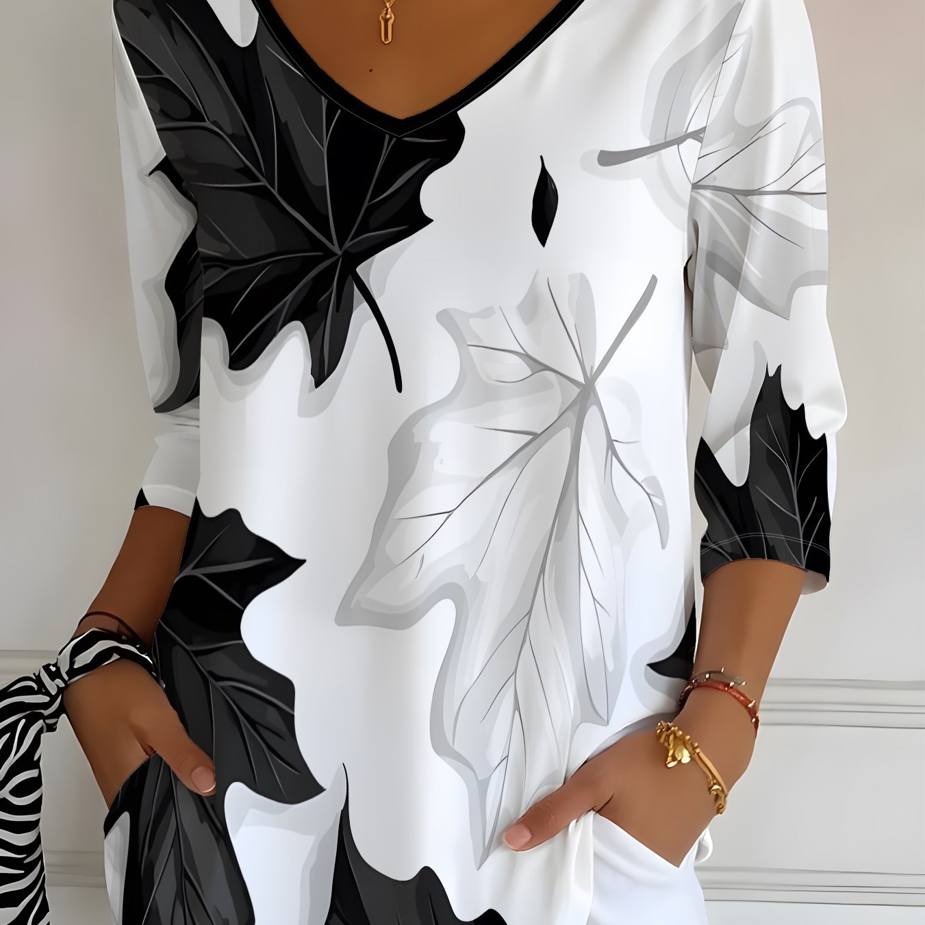 TEMU Plus Size Women's Top, V-neck 3/4 Sleeve T-shirt, Black And Leaf Print, Contrast Trimmed Neckline, Comfortable Regular Fit, Casual Versatile,