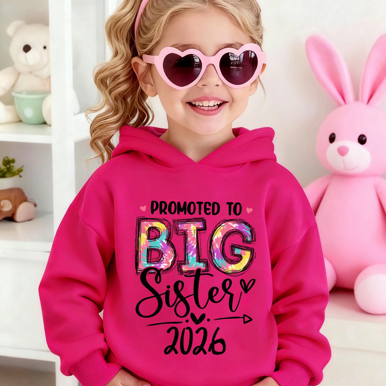 TEMU Girls' Autumn/ -lined Hooded Sweatshirt " To Big Sister 2026" Letter Print Loose Casual Long Sleeve Pullover Dm6337