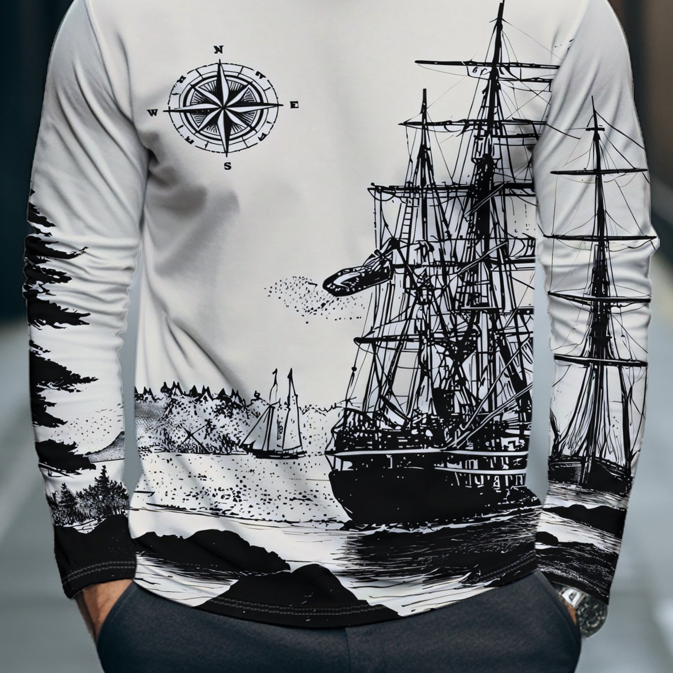 TEMU This Long-sleeved Garment Features A Black And White Nautical Print On The Back, Depicting A Sailboat, Compass, And Trees
