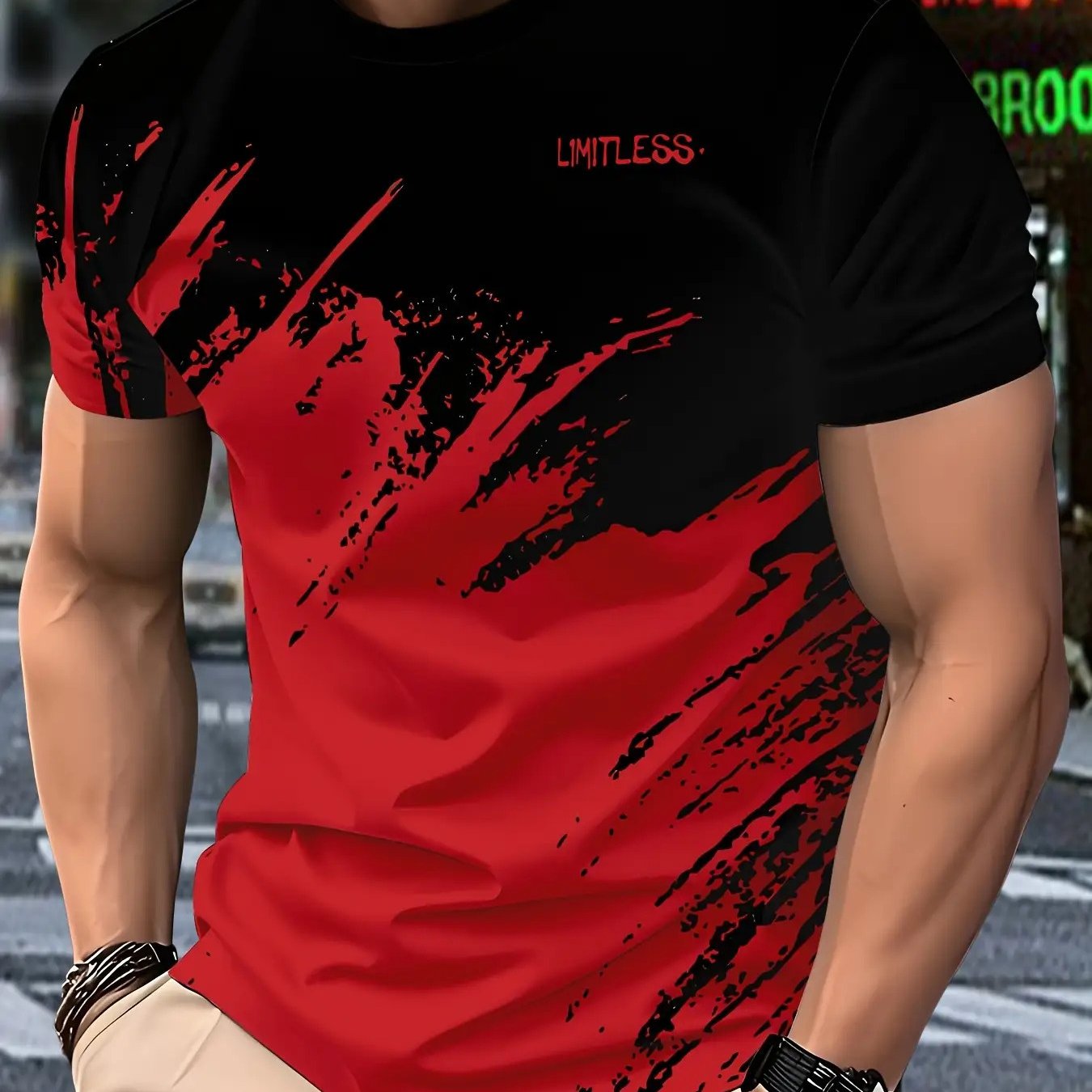 TEMU Men's Printed T-shirt - Breathable Knitted Polyester, Sporty Casual Design, Red And Black Contrast, Round Neck Short Sleeves, Machine Washable