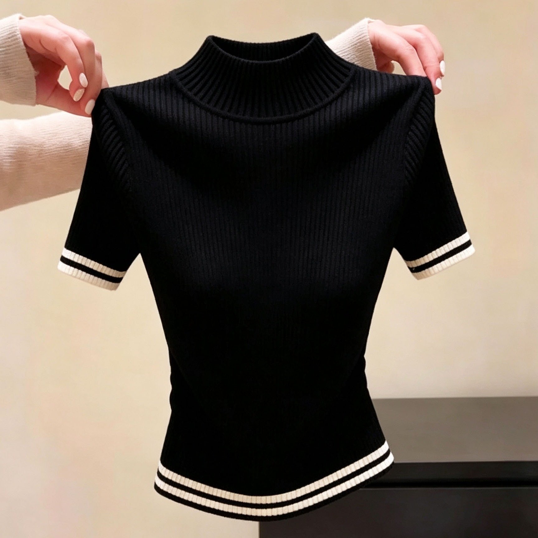 TEMU Women's Short-sleeve Top With A Half-high Turtleneck In A Varsity Style. Features Contrasting Stripes On The Cuffs And Hem, With Double-layered