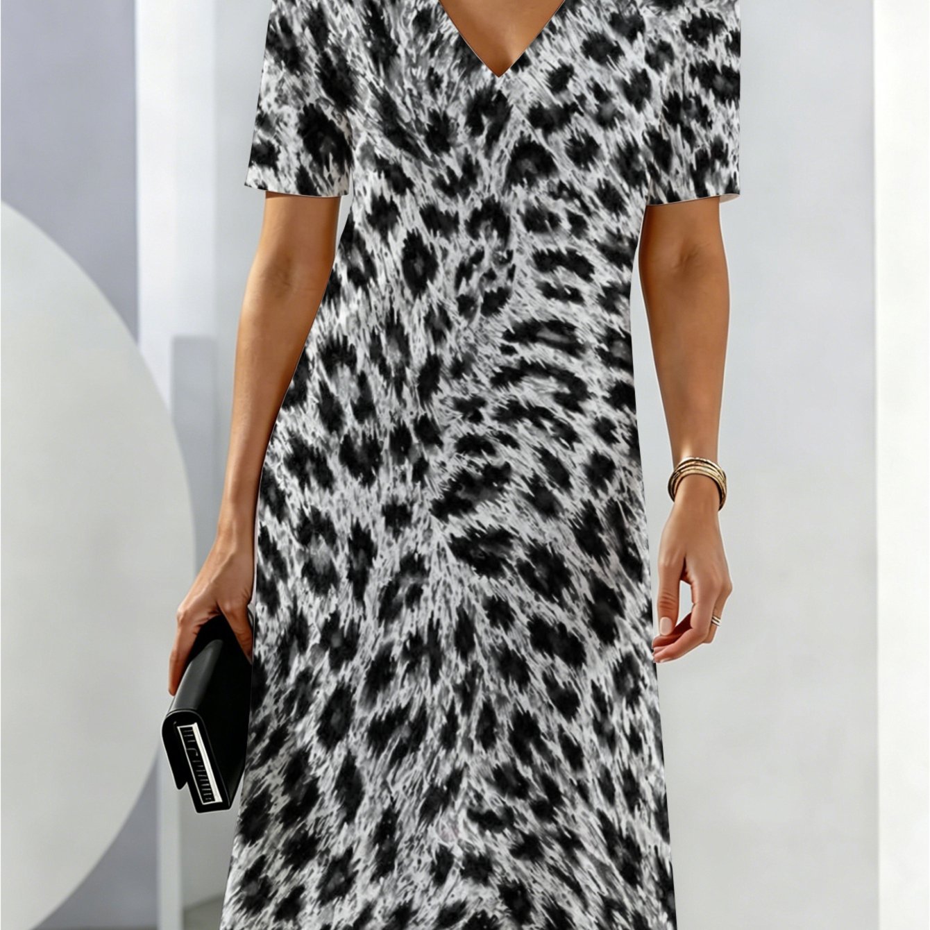 Women's Summer Dresses Black And White Leopard Print Breathable And Comfortable Summer Wear For Her Deep V-neck Friendly