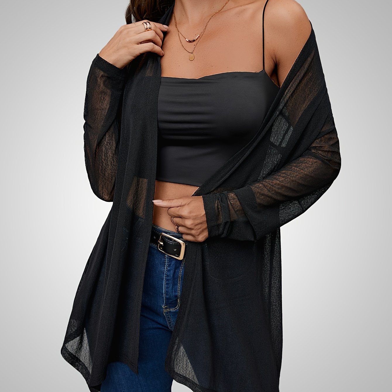 Elegant Sheer Mesh Cardigan For Women - Lightweight, Long Sleeve, Open Front Shawl With Asymmetrical Hem - Ideal For Spring, Summer & Fall - Solid Color, Stretchy, Machine Washable