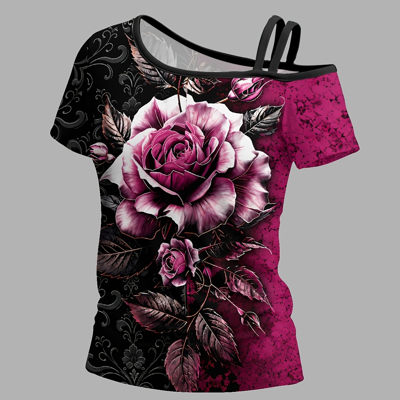 TEMU Pink Purple Rose Pattern Printwomen'-shoulder Short-sleeve T-shirt, Featuring A Unique Asymmetrical And Trendy Printed Embellishments.