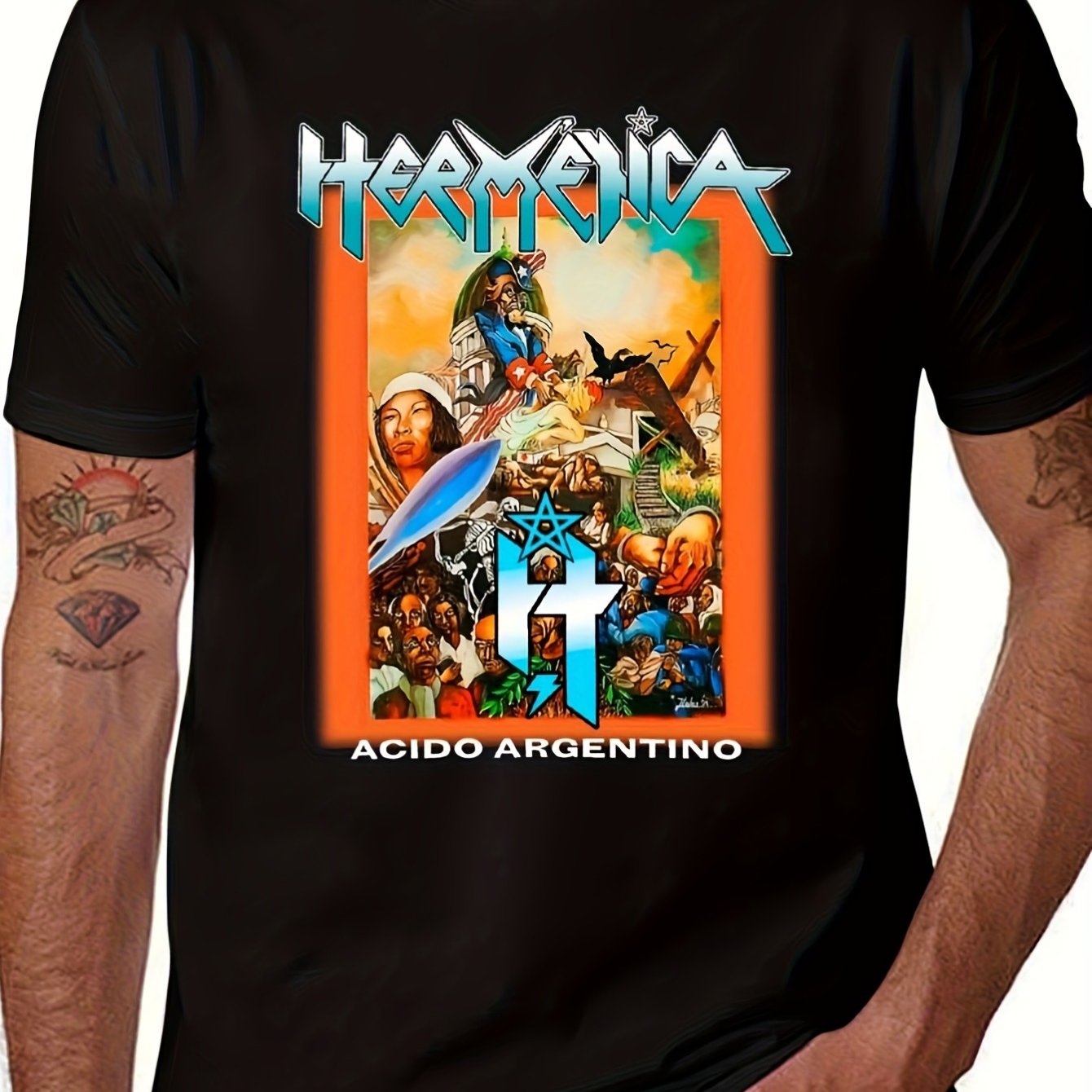 Men's Vintage Acid Rock Band T-shirt - Iconic Album Art Tee Suitable For Concerts & Casual Wear, Black Short Sleeve Round Neck Apparel, Machine Washable Retro Band Shirt